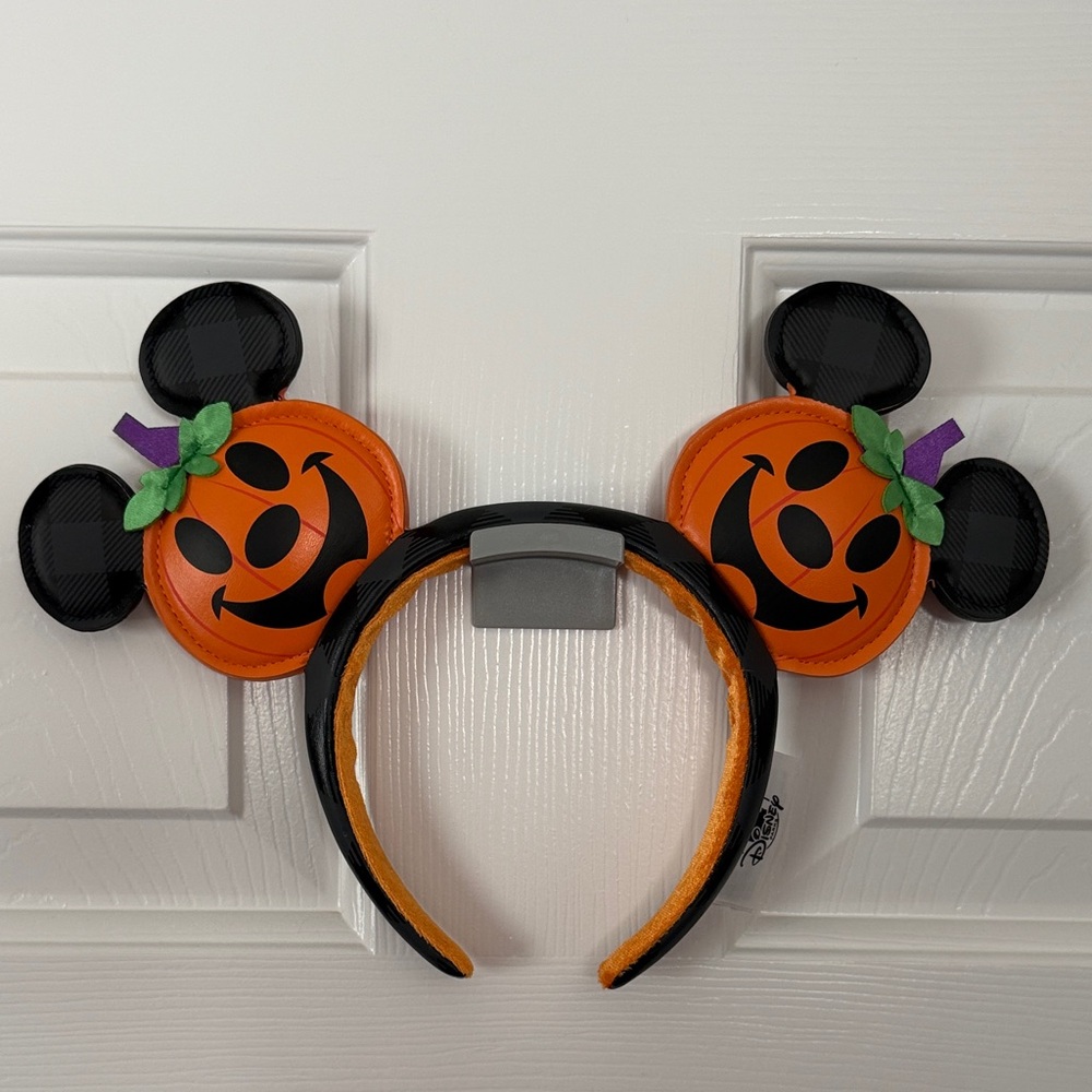 EUC Disney Orange Pumpkin Mickey Ear Headband with Black Plaid Accents